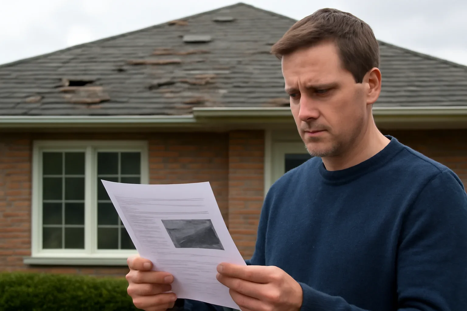 Homeowner reviewing roof damage documents after a storm