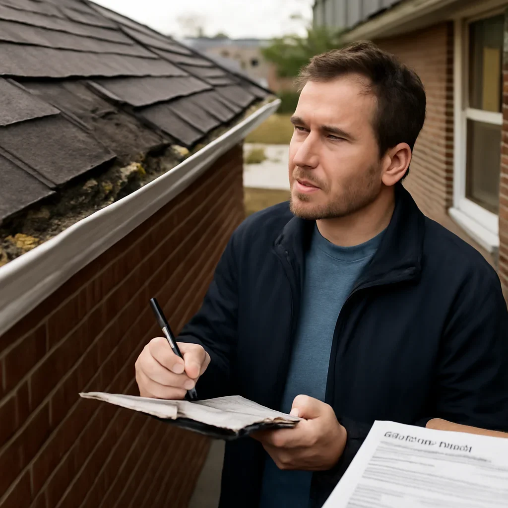 Property owner documenting roof damage, inspection notes, and claim paperwork