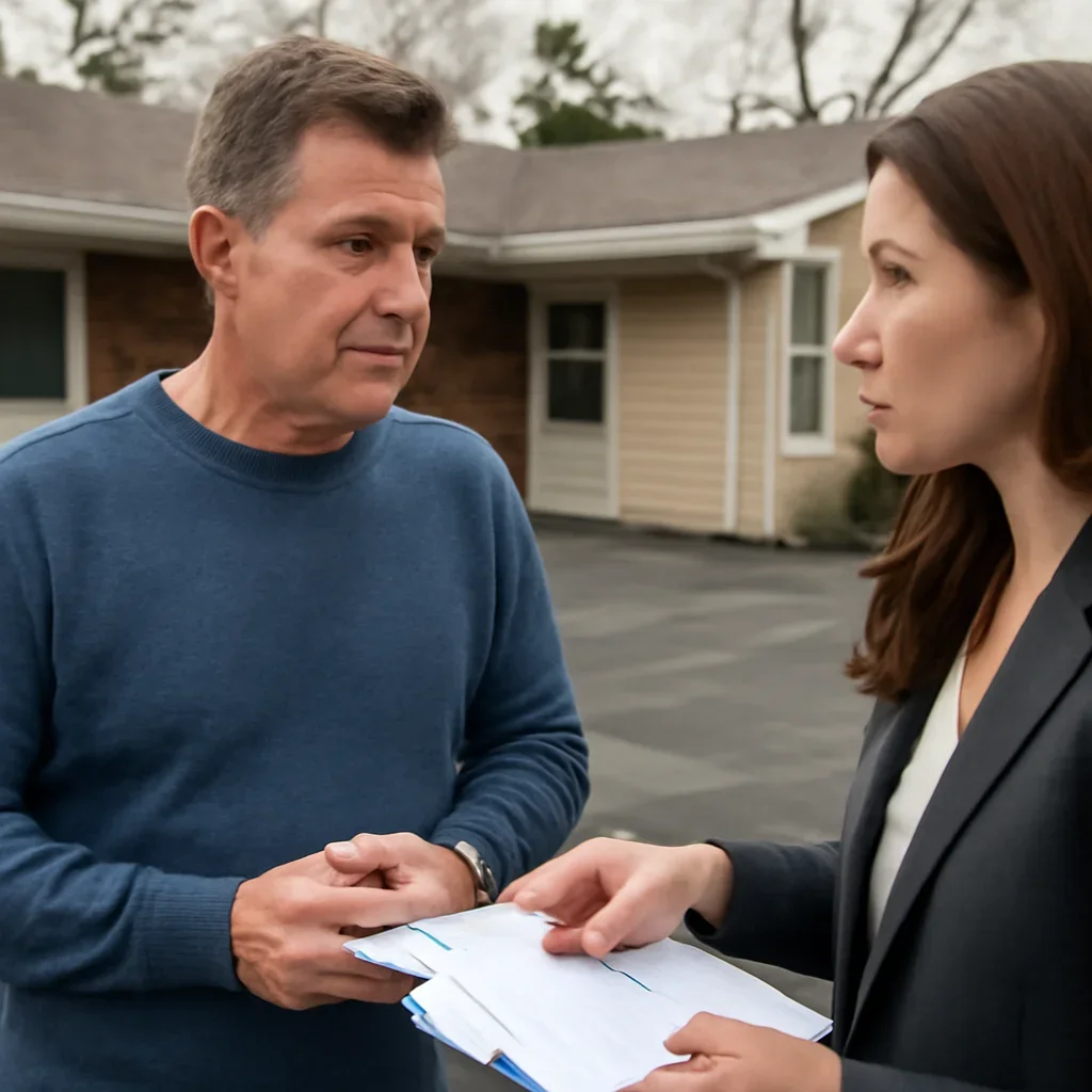 Homeowner discussing next steps for a roof insurance issue with an advisor