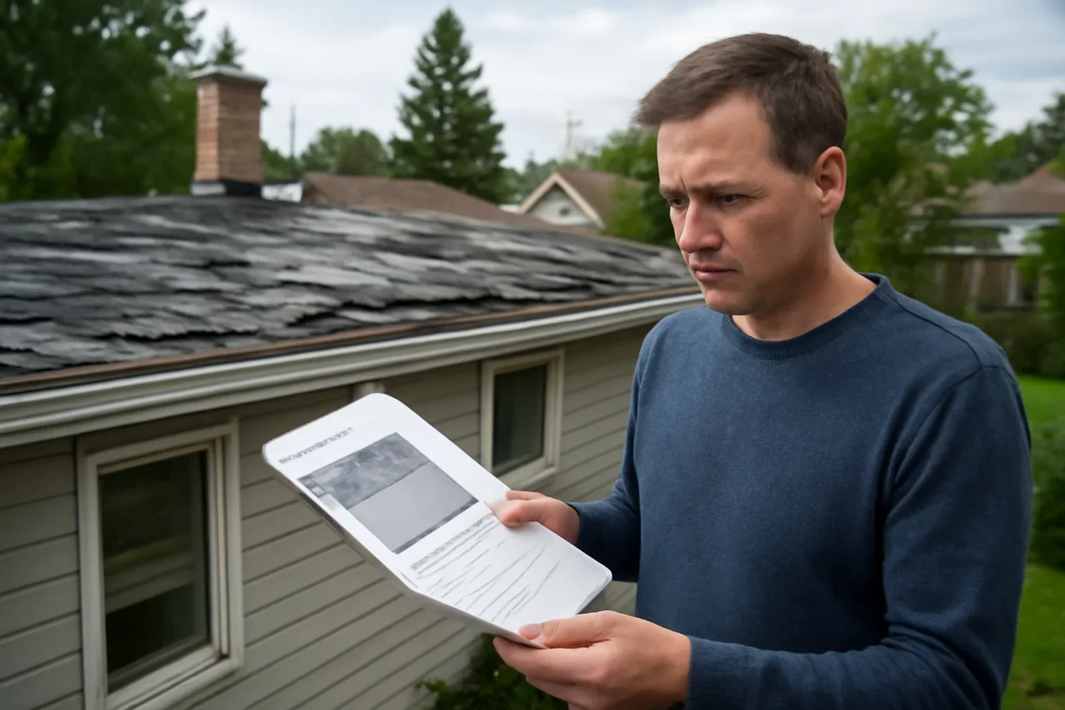Homeowner reviewing roof damage documents after a storm