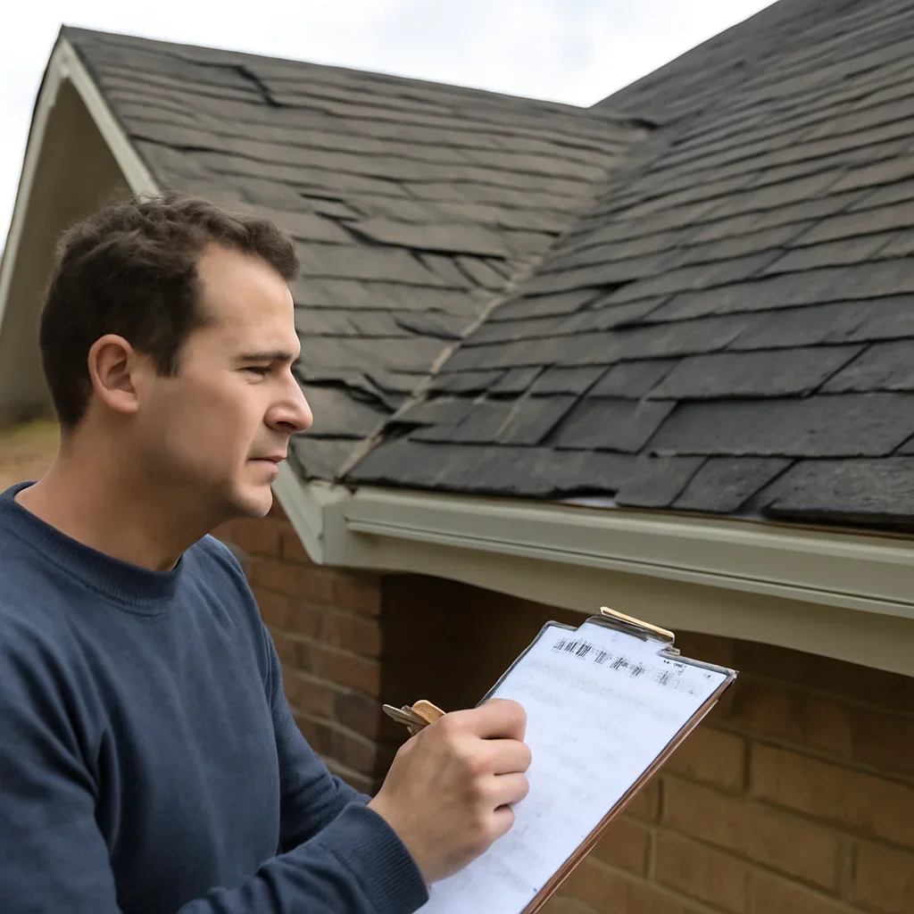 Property owner documenting roof damage, inspection notes, and claim paperwork