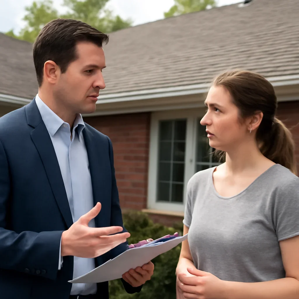 Homeowner discussing next steps for a roof insurance issue with an advisor