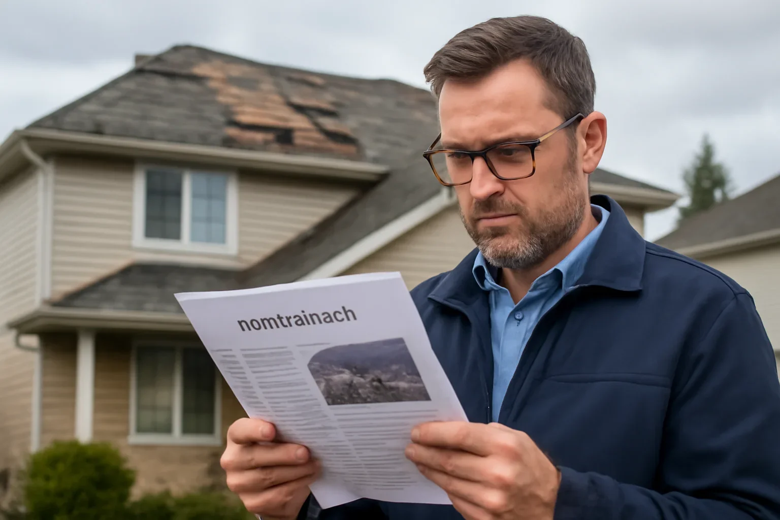 Homeowner reviewing roof damage documents after a storm