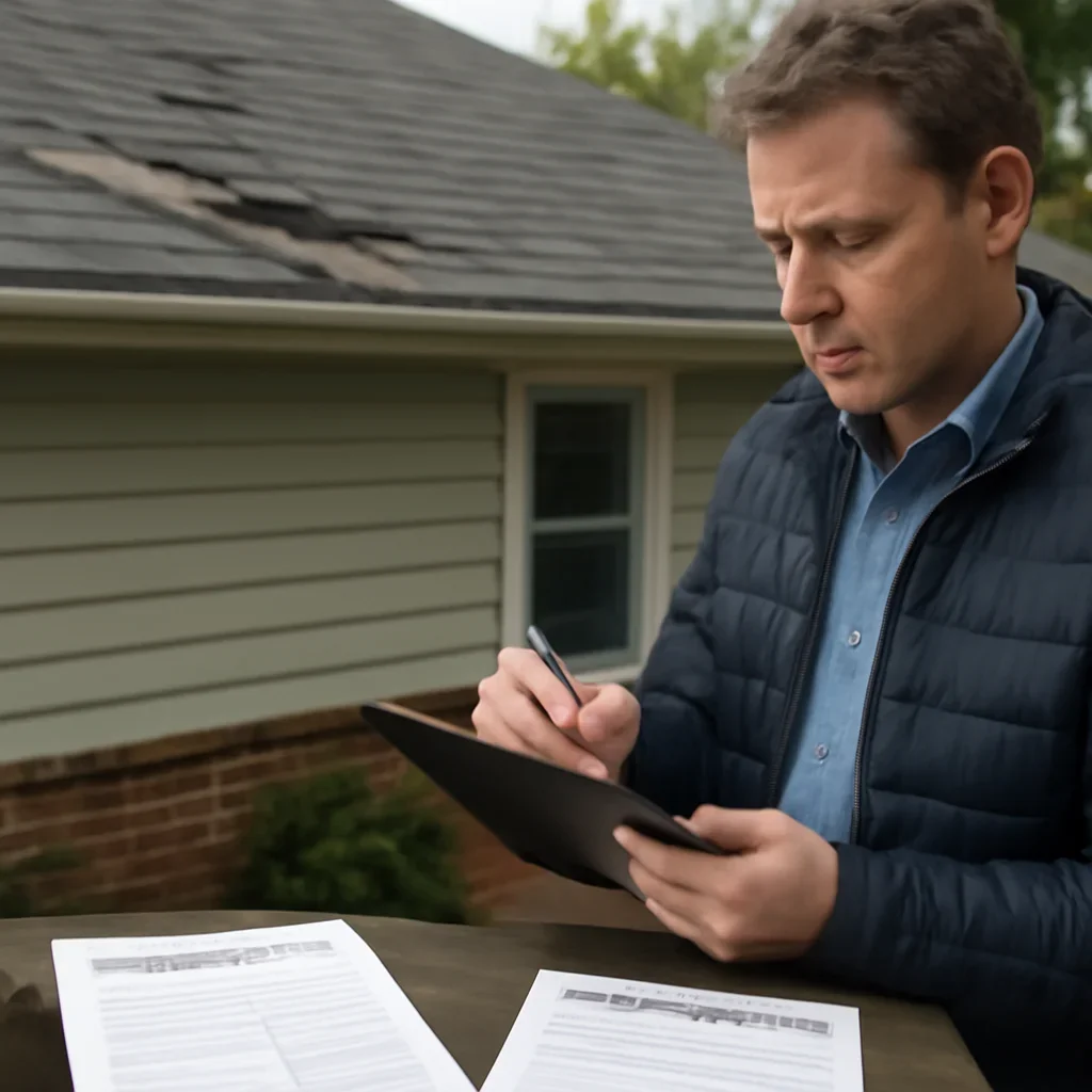 Property owner documenting roof damage, inspection notes, and claim paperwork