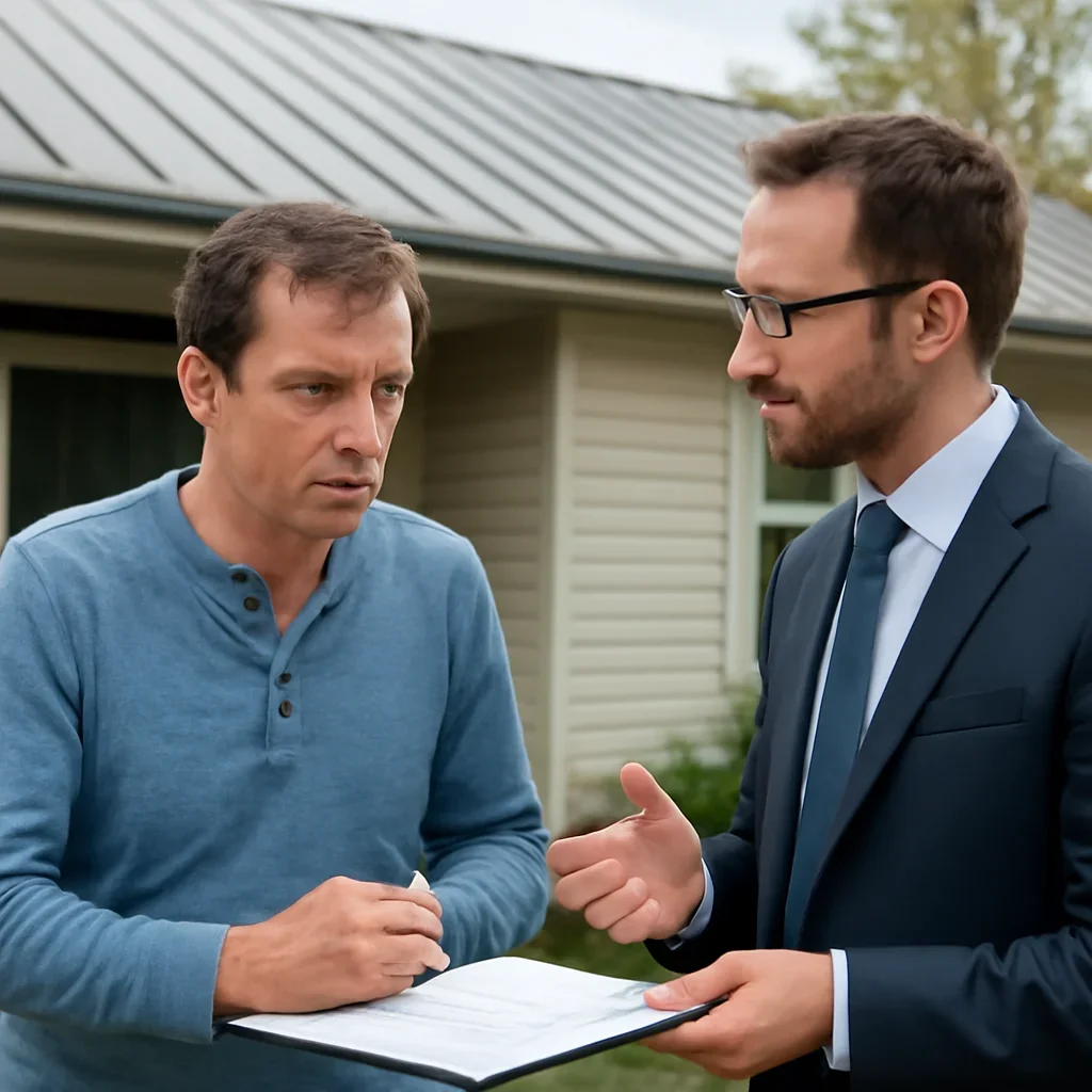 Homeowner discussing next steps for a roof insurance issue with an advisor