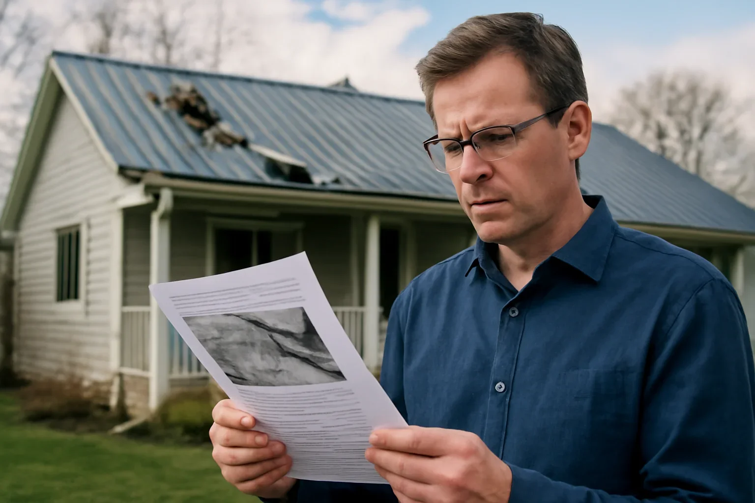 Homeowner reviewing roof damage documents after a storm