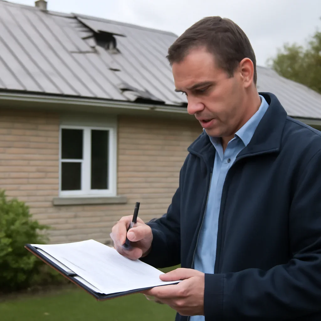 Property owner documenting roof damage, inspection notes, and claim paperwork