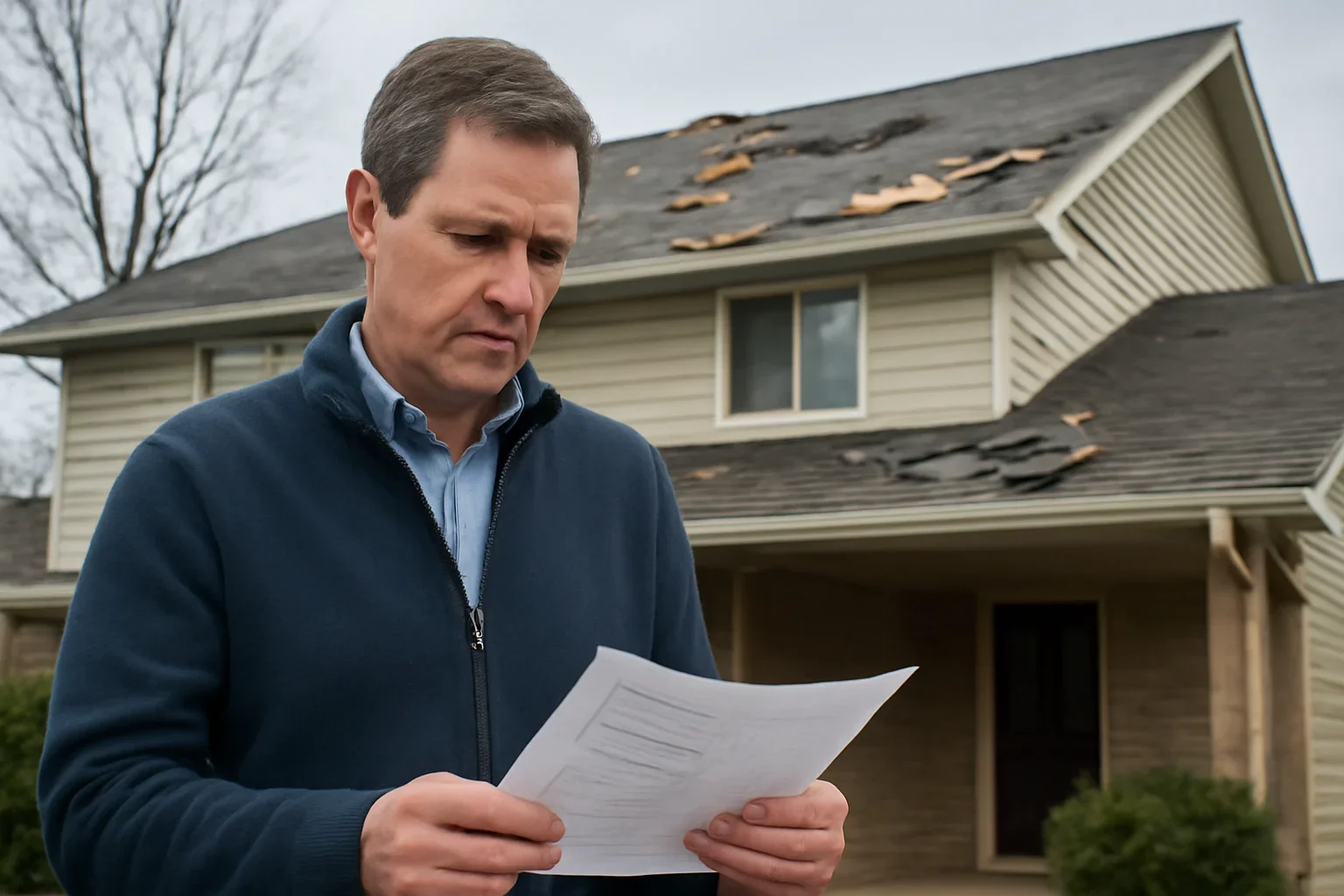 Homeowner reviewing roof damage documents after a storm