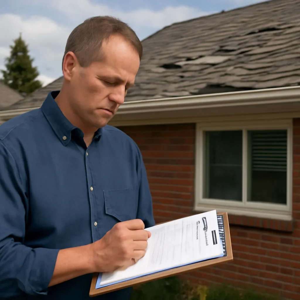 Property owner documenting roof damage, inspection notes, and claim paperwork