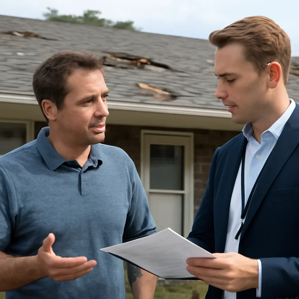 Homeowner discussing next steps for a roof insurance issue with an advisor