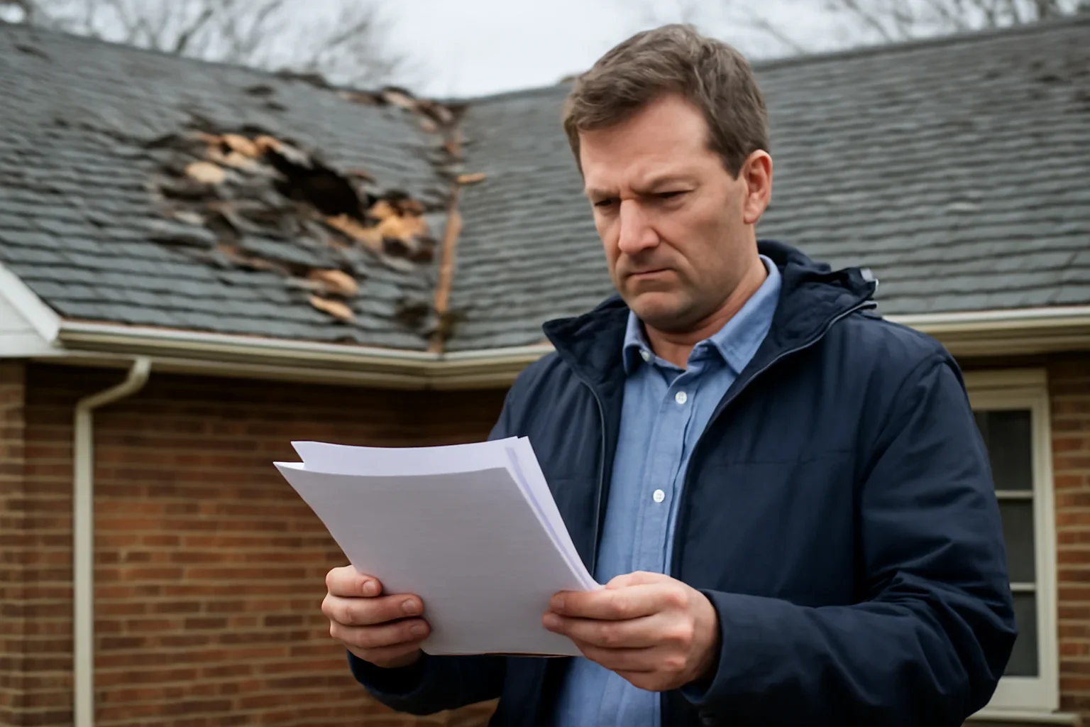 Homeowner reviewing roof damage documents after a storm