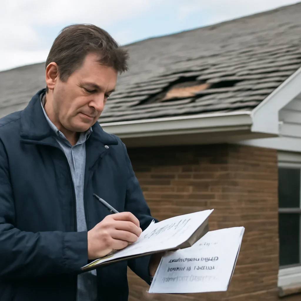 Property owner documenting roof damage, inspection notes, and claim paperwork