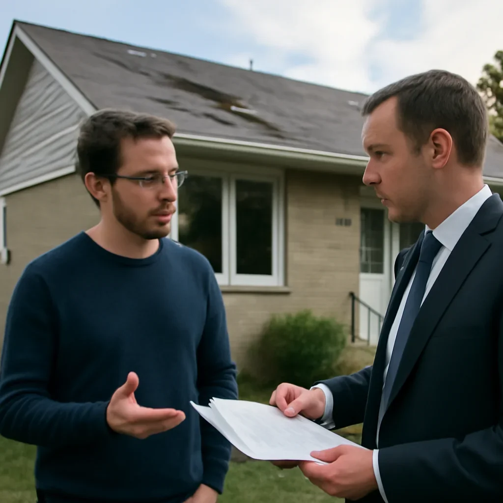 Homeowner discussing next steps for a roof insurance issue with an advisor