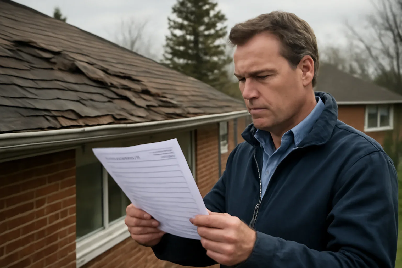 Homeowner reviewing roof damage documents after a storm
