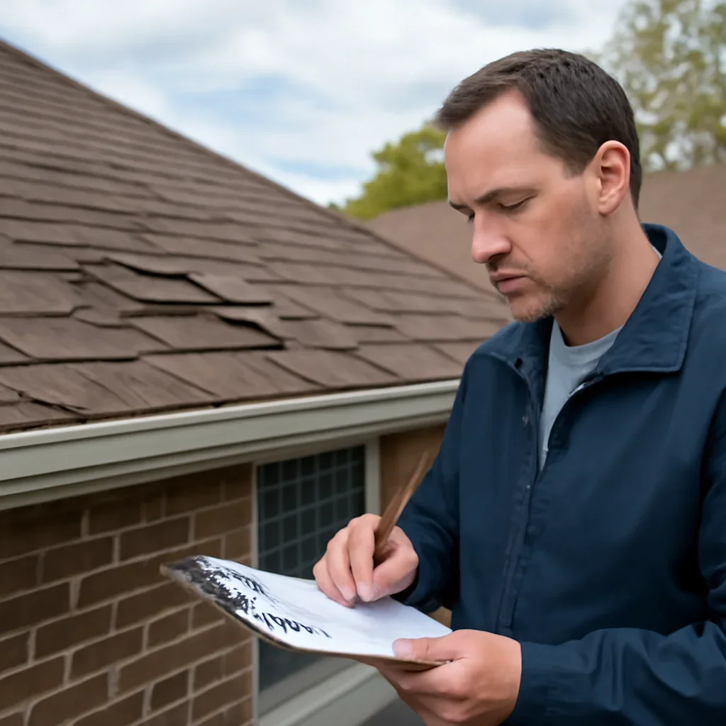 Property owner documenting roof damage, inspection notes, and claim paperwork