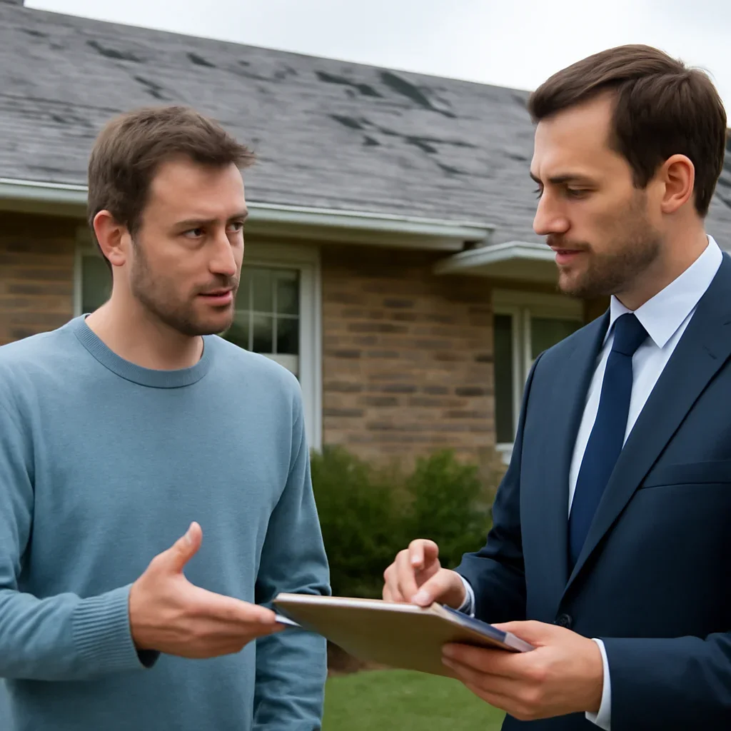 Homeowner discussing next steps for a roof insurance issue with an advisor