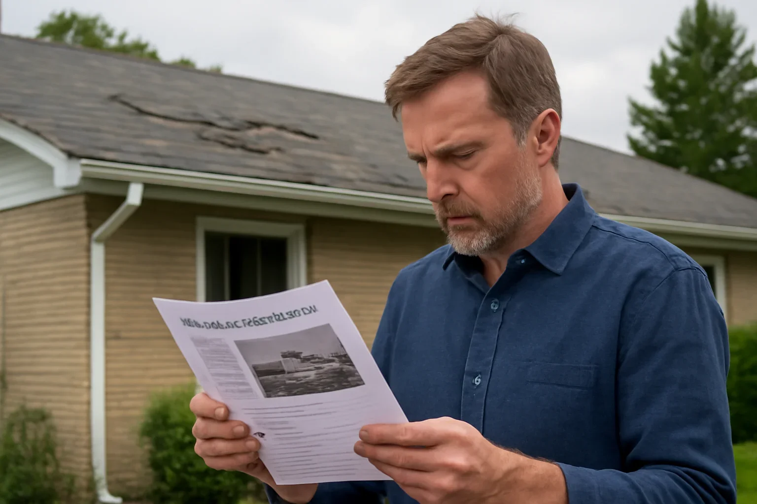 Homeowner reviewing roof damage documents after a storm