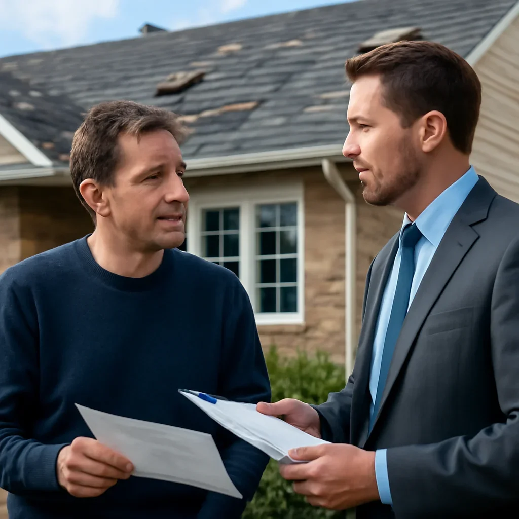 Homeowner discussing next steps for a roof insurance issue with an advisor