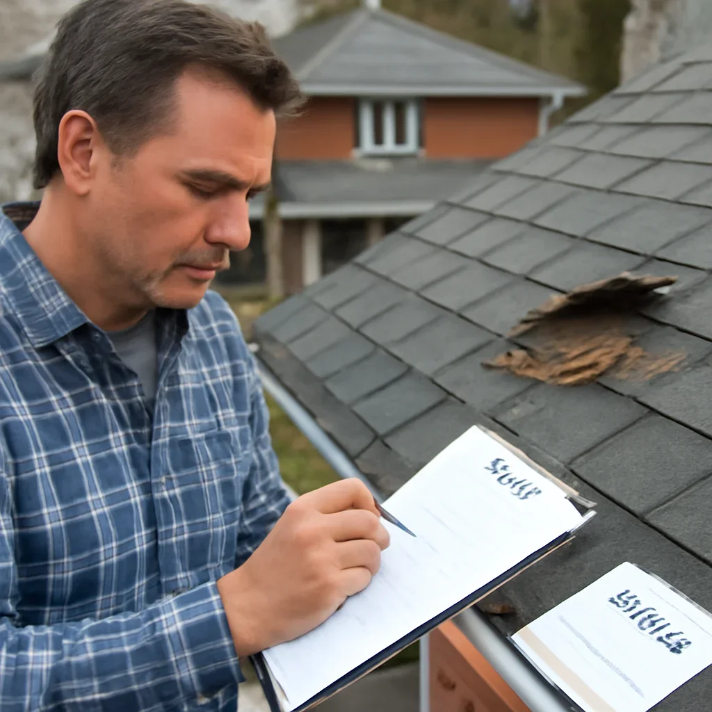 Property owner documenting roof damage, inspection notes, and claim paperwork