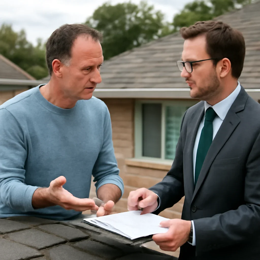 Homeowner discussing next steps for a roof insurance issue with an advisor
