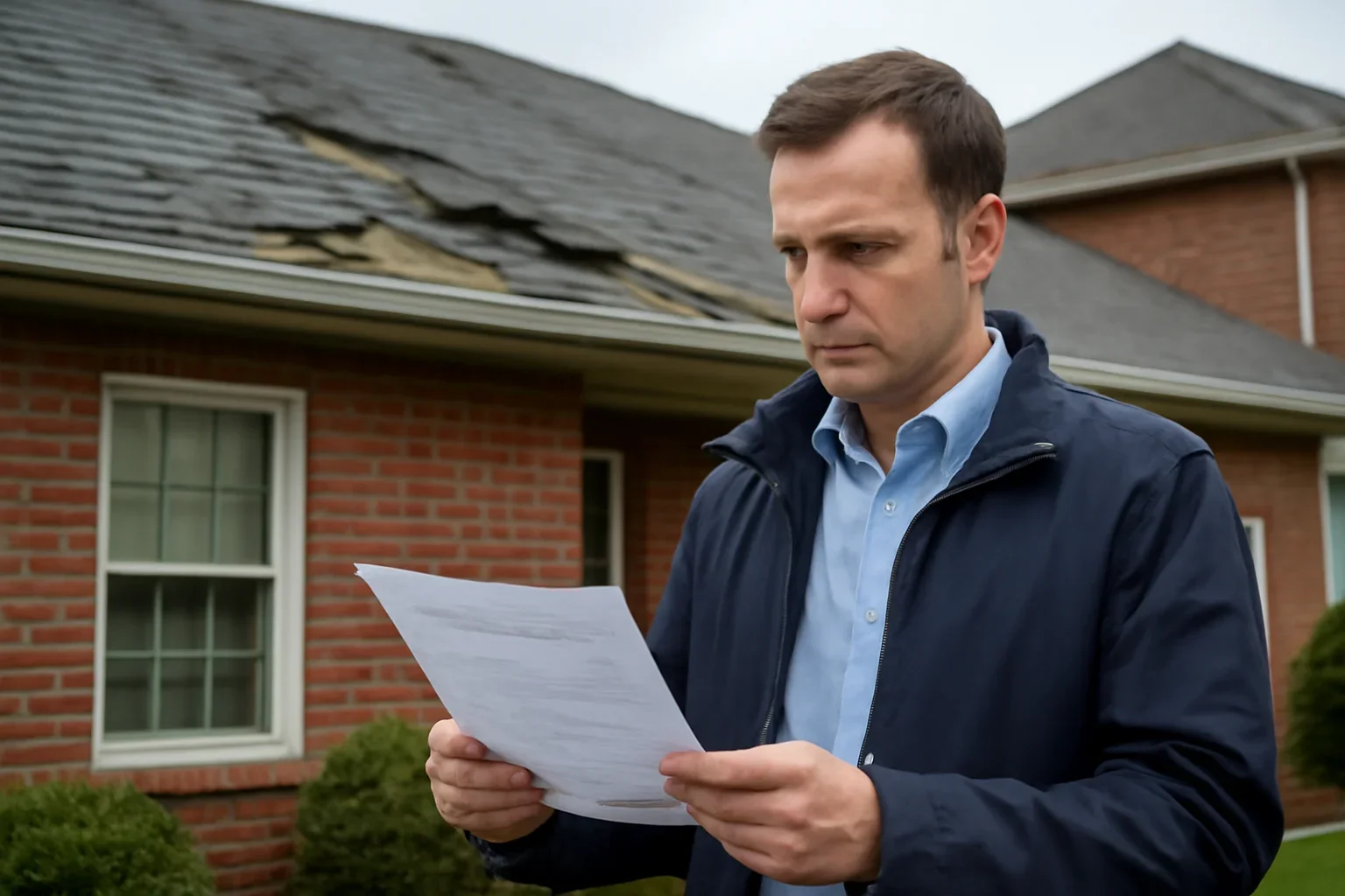 Homeowner reviewing roof damage documents after a storm