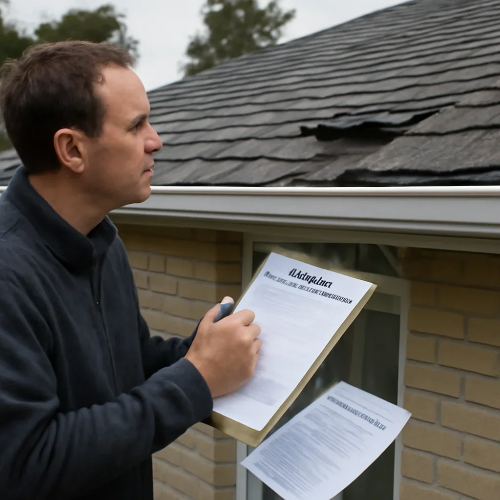 Property owner documenting roof damage, inspection notes, and claim paperwork