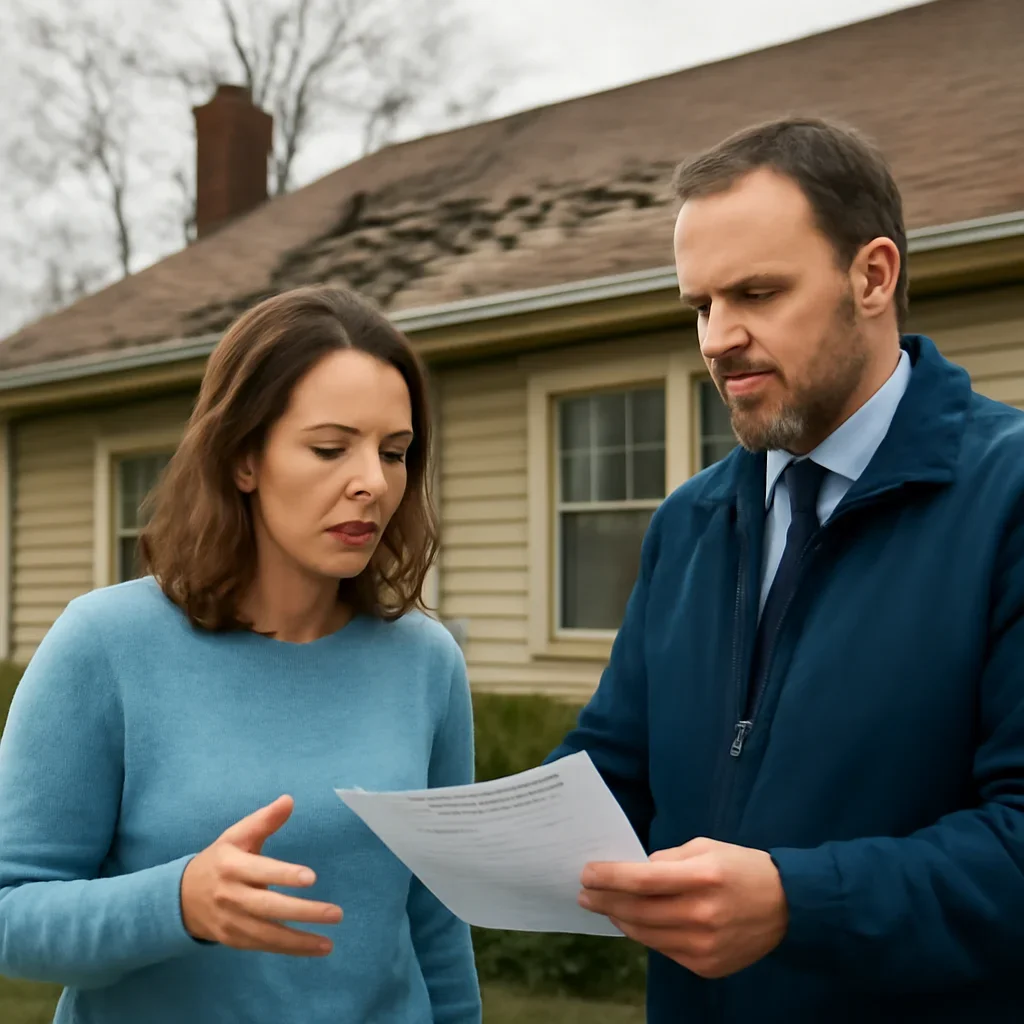 Homeowner discussing next steps for a roof insurance issue with an advisor