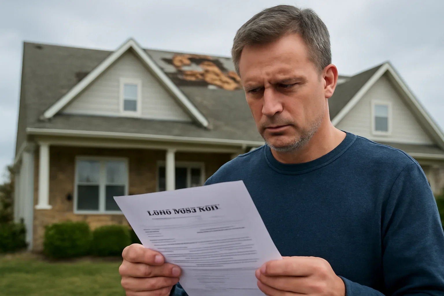 Homeowner reviewing roof damage documents after a storm