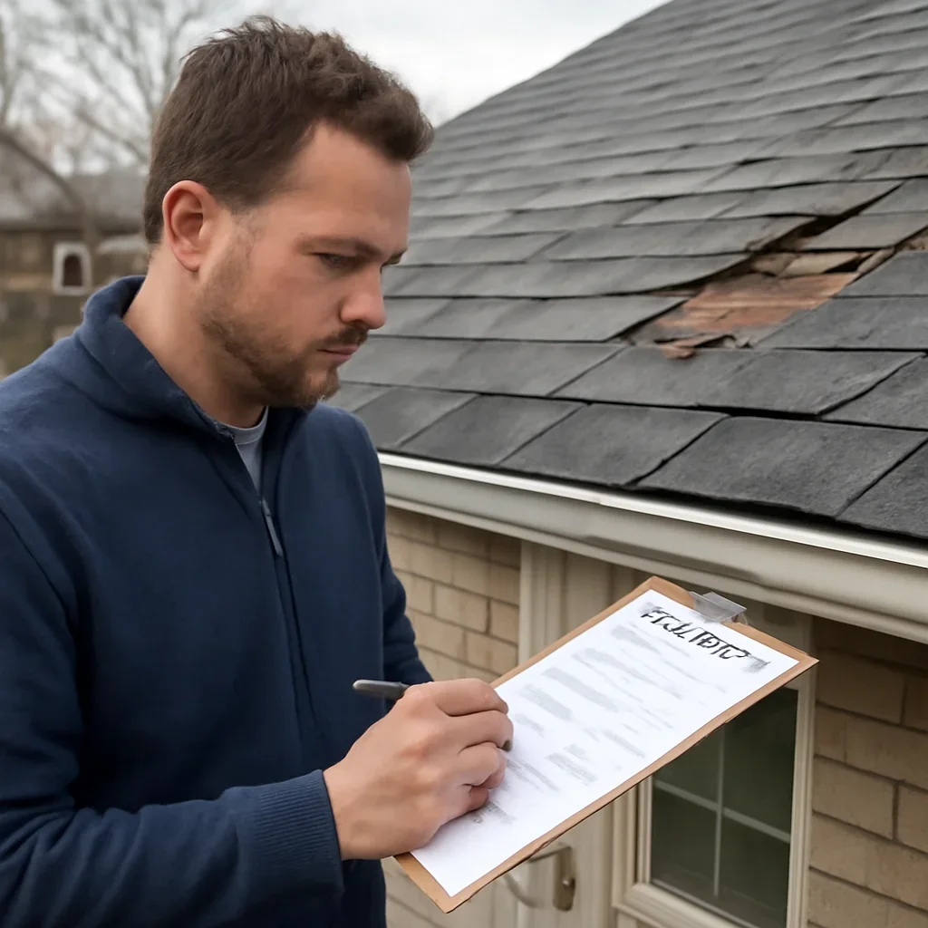 Property owner documenting roof damage, inspection notes, and claim paperwork