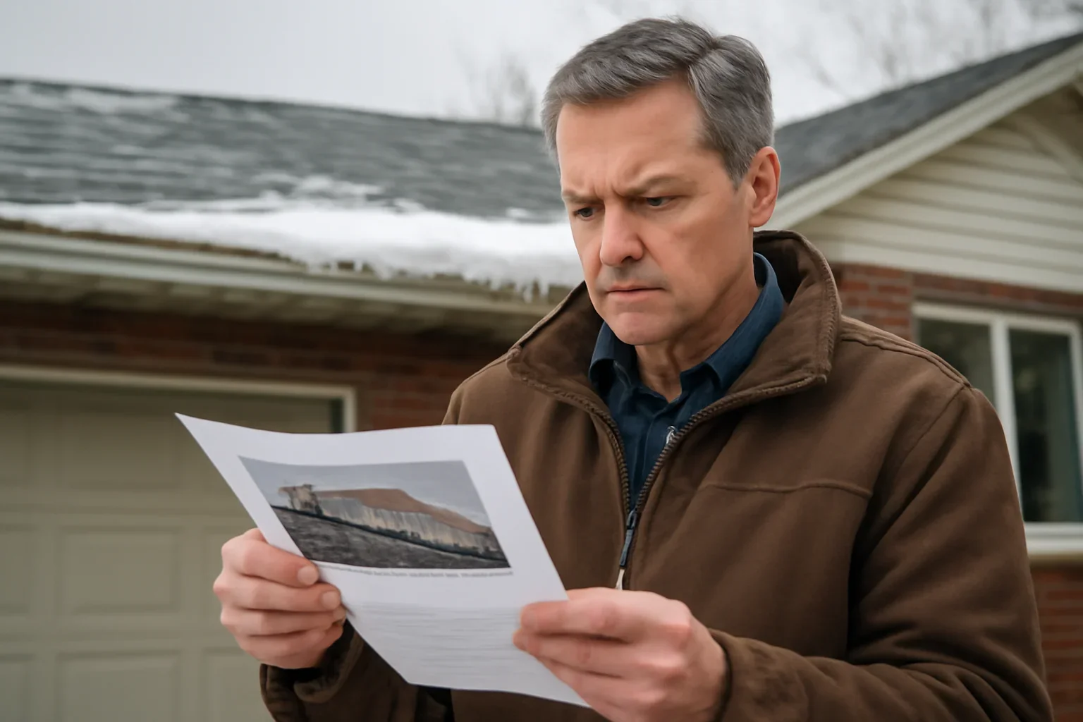 Homeowner reviewing roof damage documents after a storm