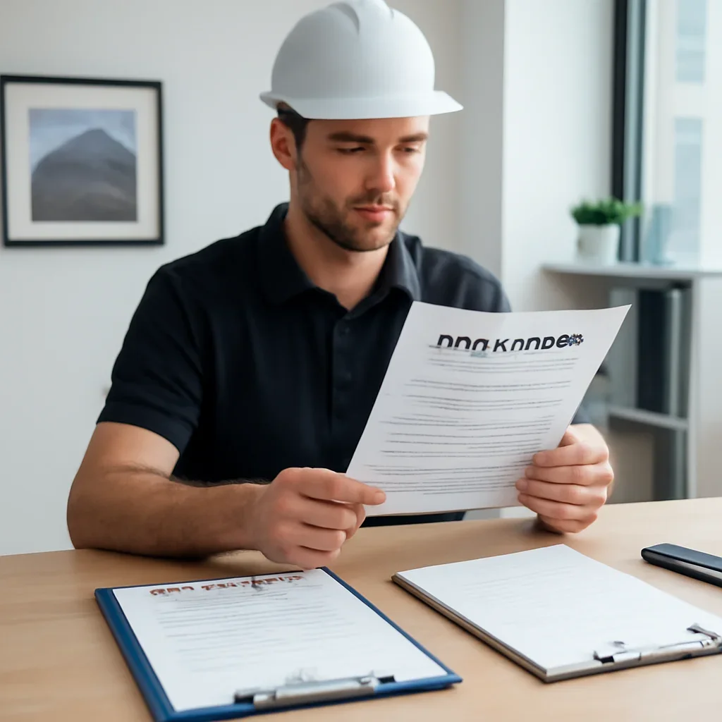 Roofing business reviewing insurance documents related to waiver of subrogation roofing contracts